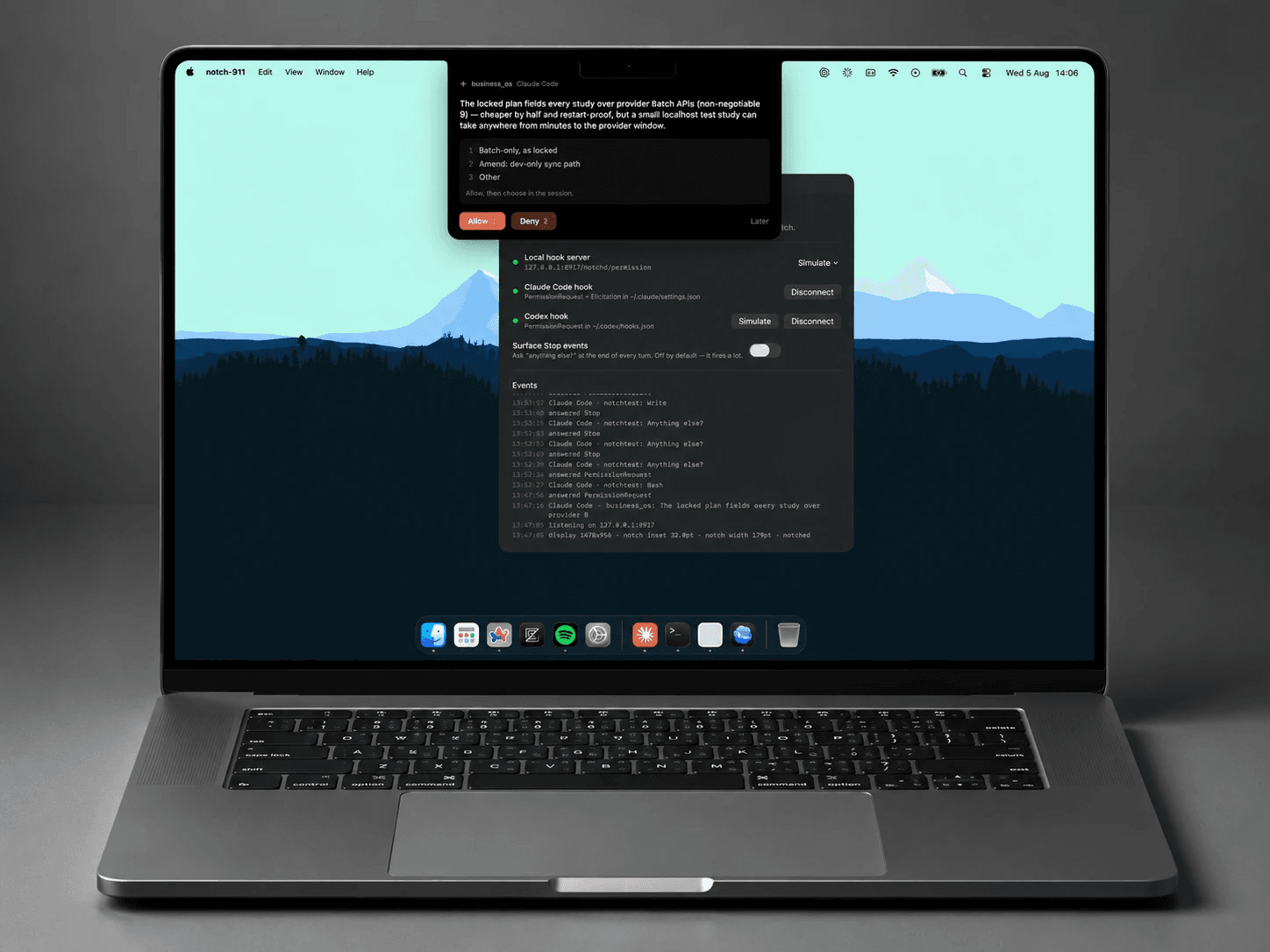 notch-911 running on a MacBook Pro: a prompt hanging from the notch with the status window behind it