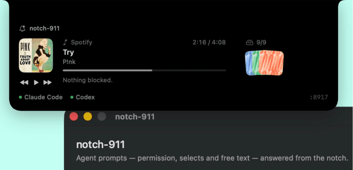 The expanded notch with Spotify playing on the left and the file shelf on the right